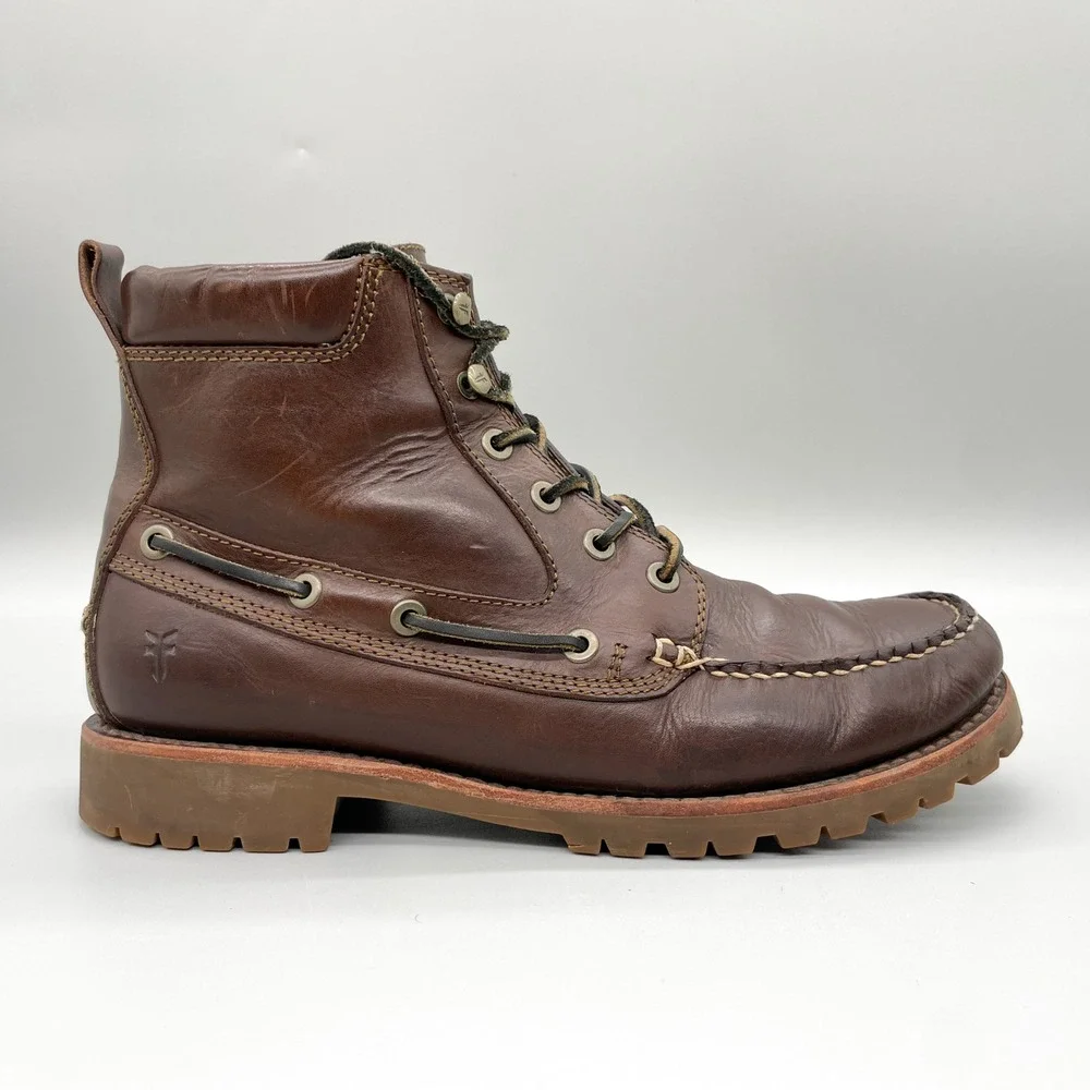 Frye Mens 9 D Brown Leather Moc Toe Chukka Boots Lace Up Lug Sole Rugged Cabin